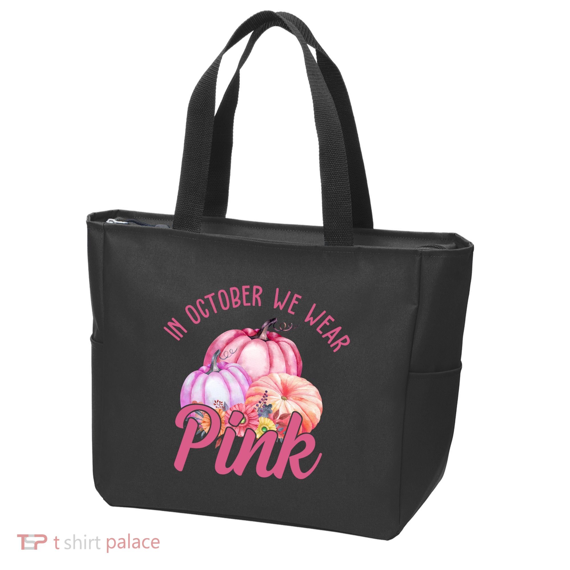 In October We Wear Pink Pumpkin Patch Breast Cancer Tote Bag