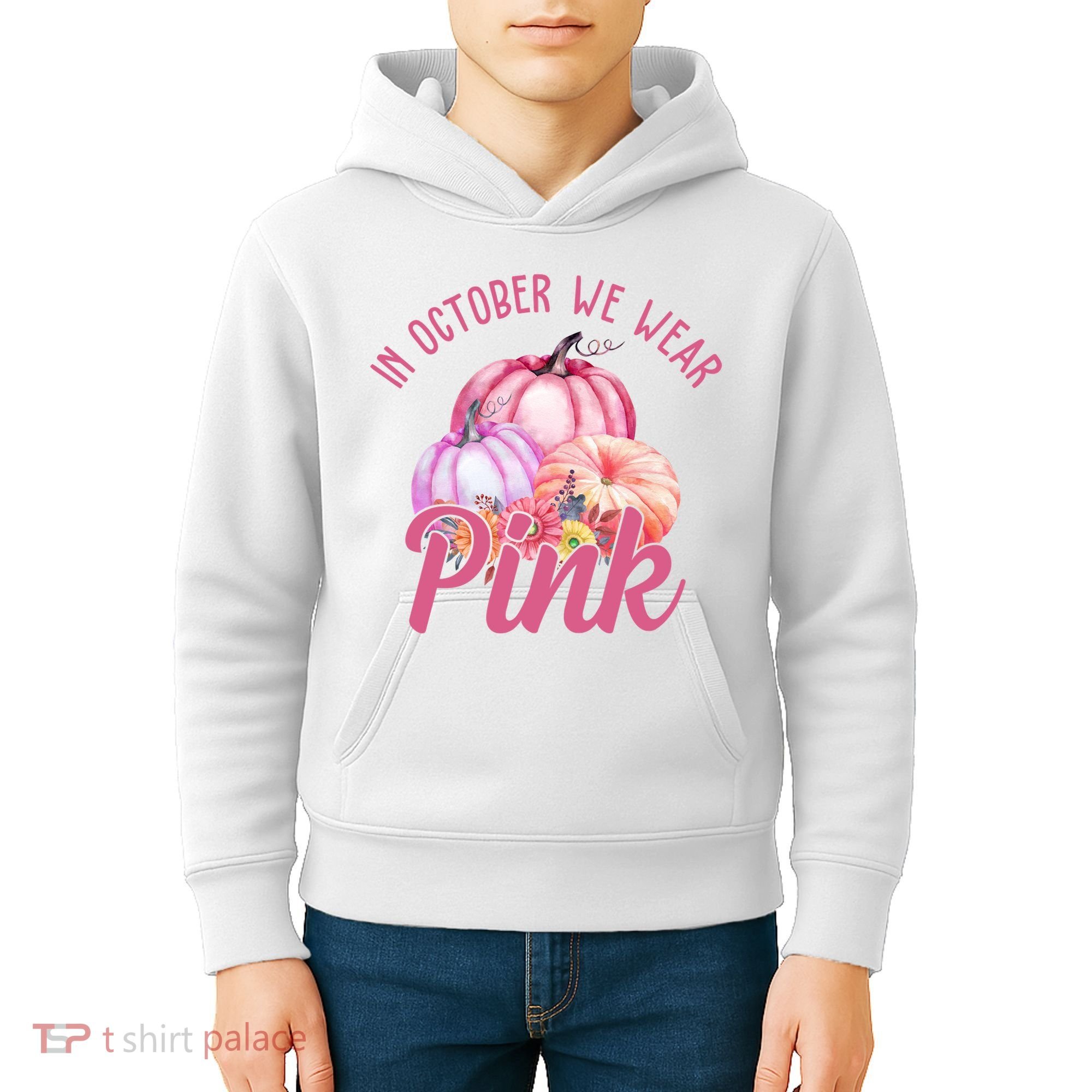 In October We Wear Pink Pumpkin Patch Breast Cancer Kids Hoodie