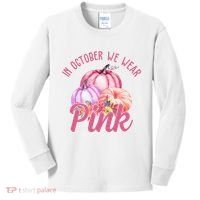 In October We Wear Pink Pumpkin Patch Breast Cancer Kids Long Sleeve Shirt thumb 0
