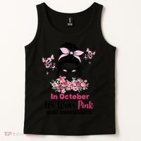 In October We Wear Pink Breast Cancer Messy Bun Floral Tank Top thumb 2