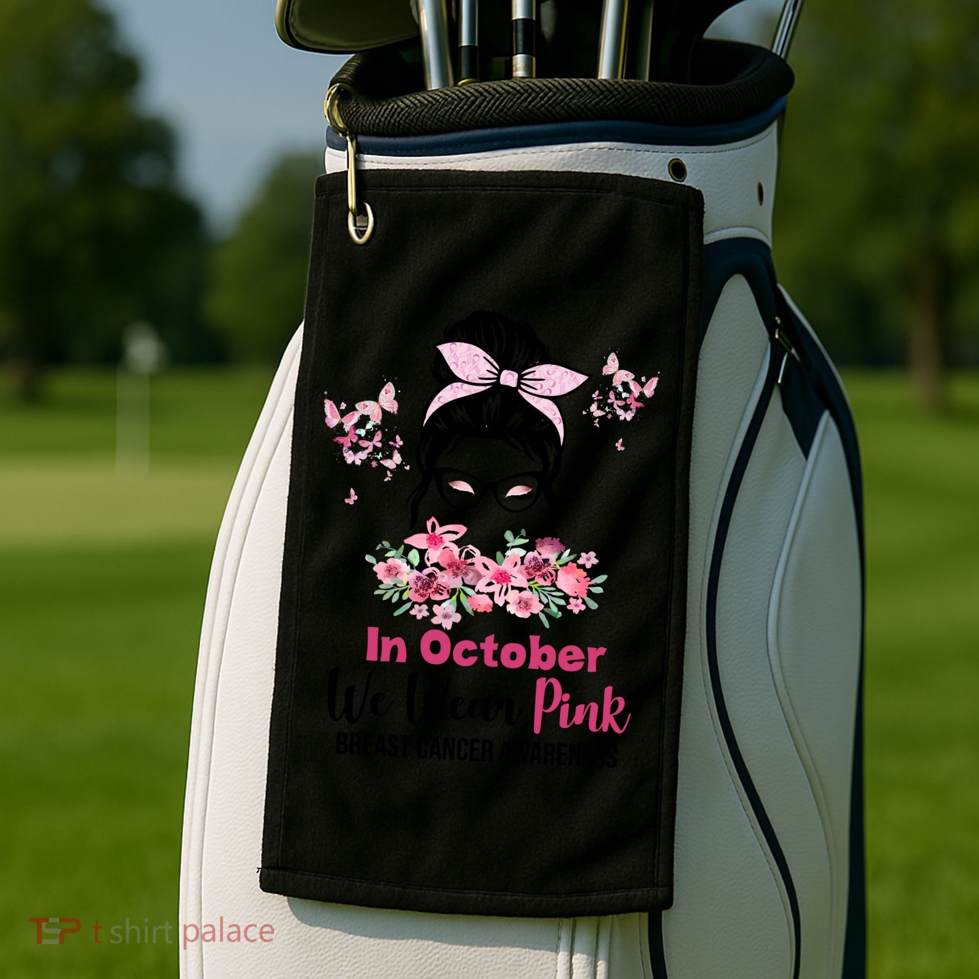In October We Wear Pink Breast Cancer Messy Bun Floral Golf Towel