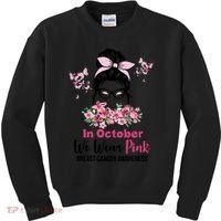 In October We Wear Pink Breast Cancer Messy Bun Floral Kids Sweatshirt thumb 0