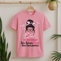 In October We Wear Pink Breast Cancer Messy Bun Floral T-Shirt thumb 2