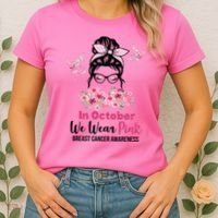 In October We Wear Pink Breast Cancer Messy Bun Floral Women's T-Shirt thumb 2