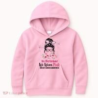 In October We Wear Pink Breast Cancer Messy Bun Floral Kids Hoodie thumb 0