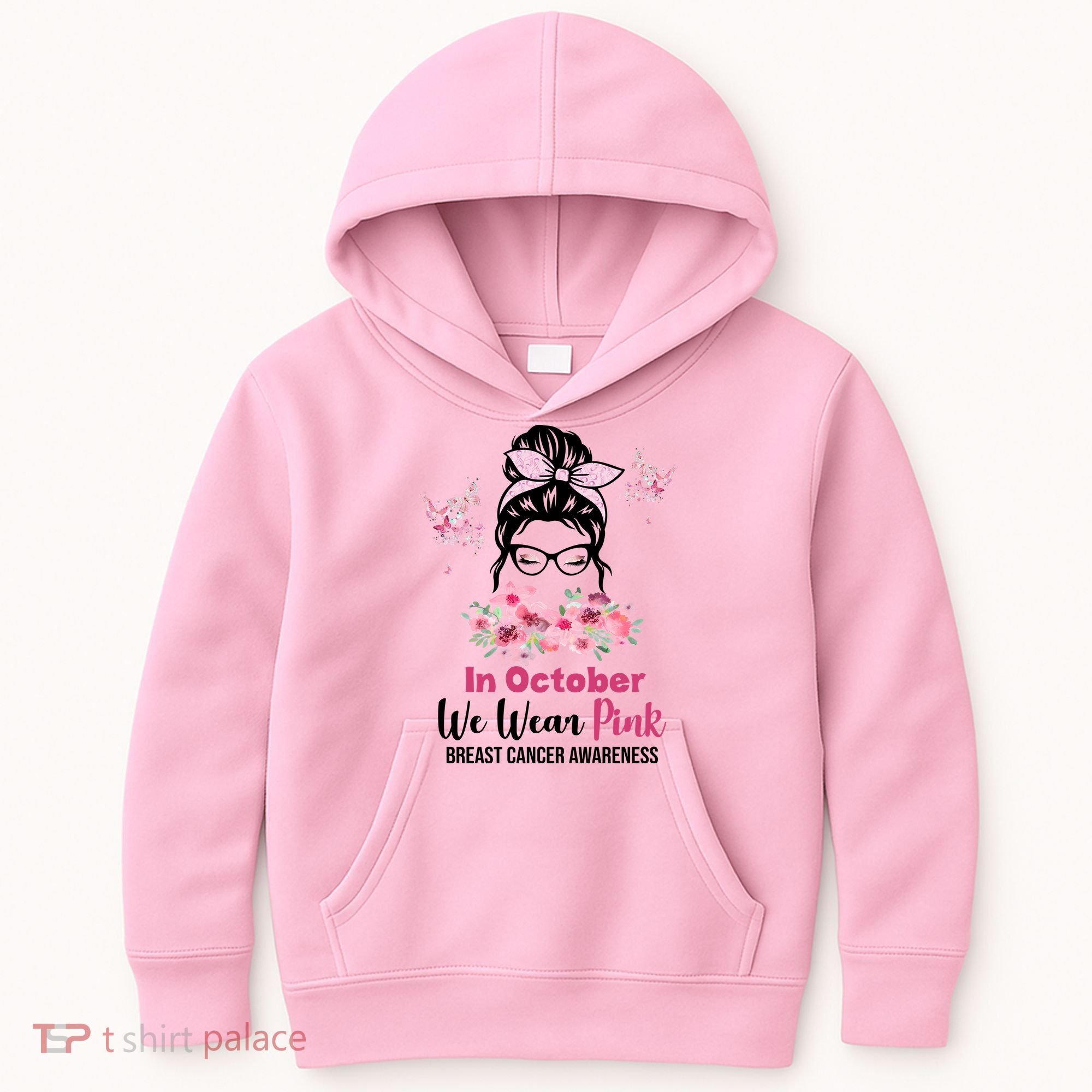 In October We Wear Pink Breast Cancer Messy Bun Floral Kids Hoodie