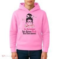 In October We Wear Pink Breast Cancer Messy Bun Floral Kids Hoodie thumb 4