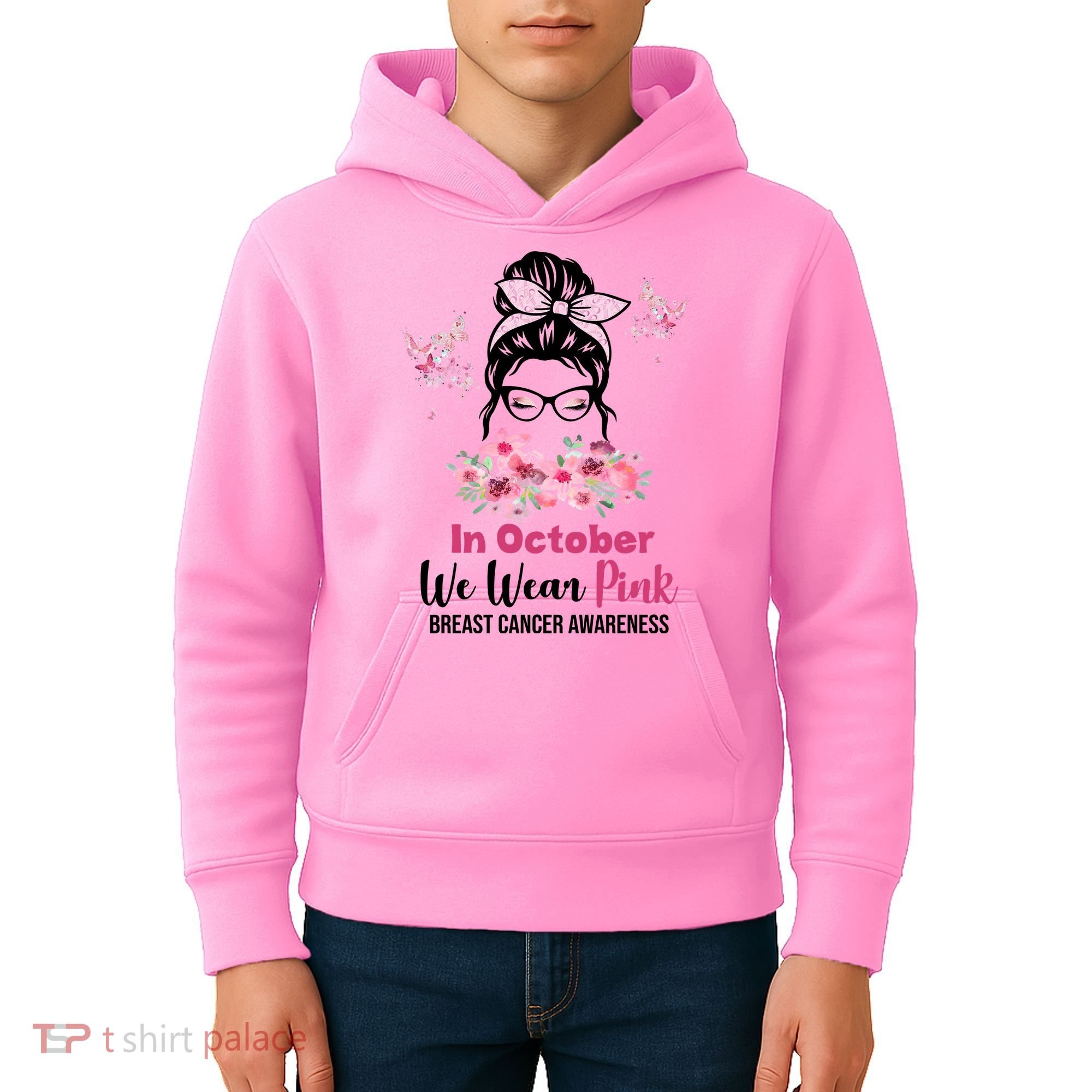 In October We Wear Pink Breast Cancer Messy Bun Floral Kids Hoodie