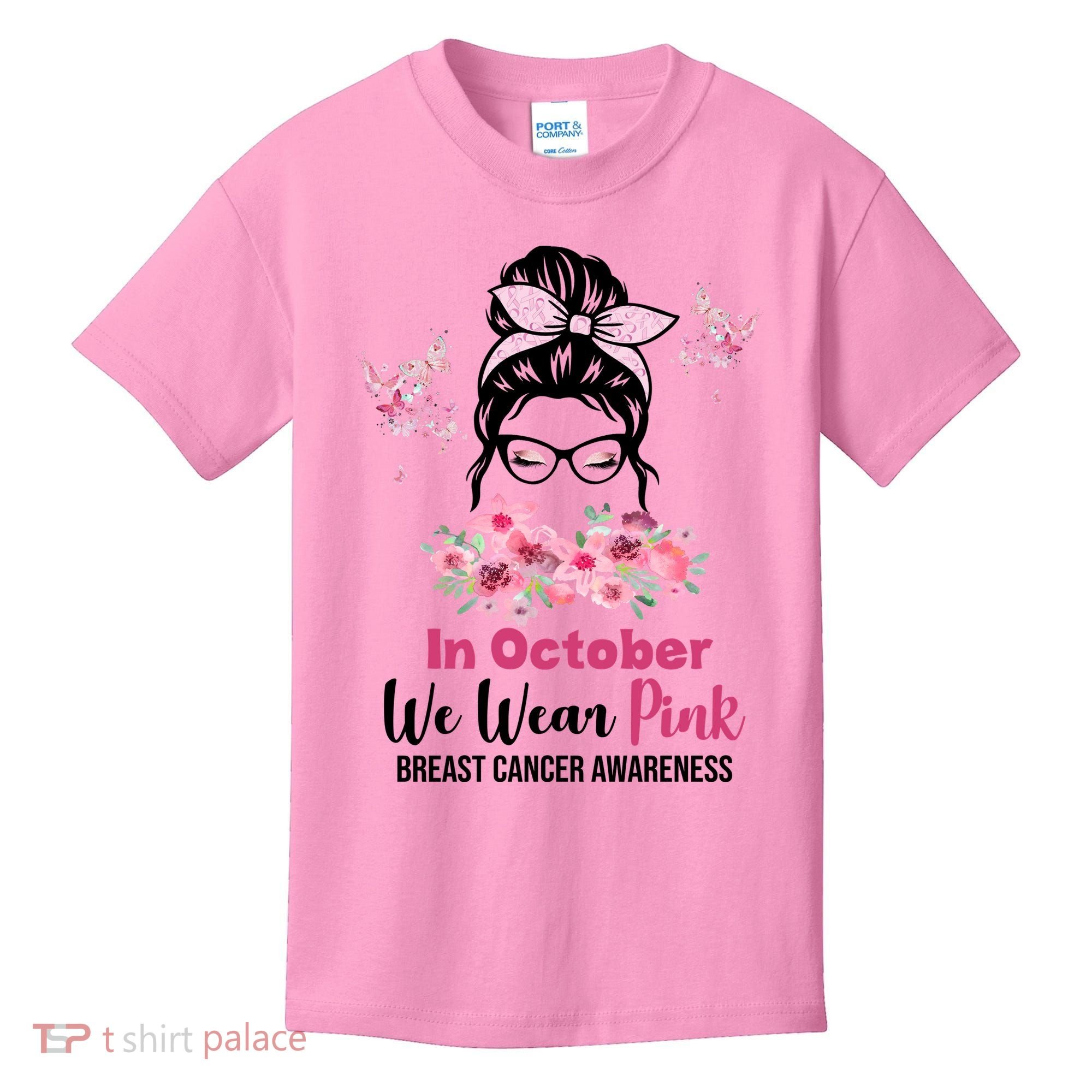 In October We Wear Pink Breast Cancer Messy Bun Floral Kids T-Shirt
