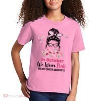 In October We Wear Pink Breast Cancer Messy Bun Floral Kids T-Shirt thumb 2
