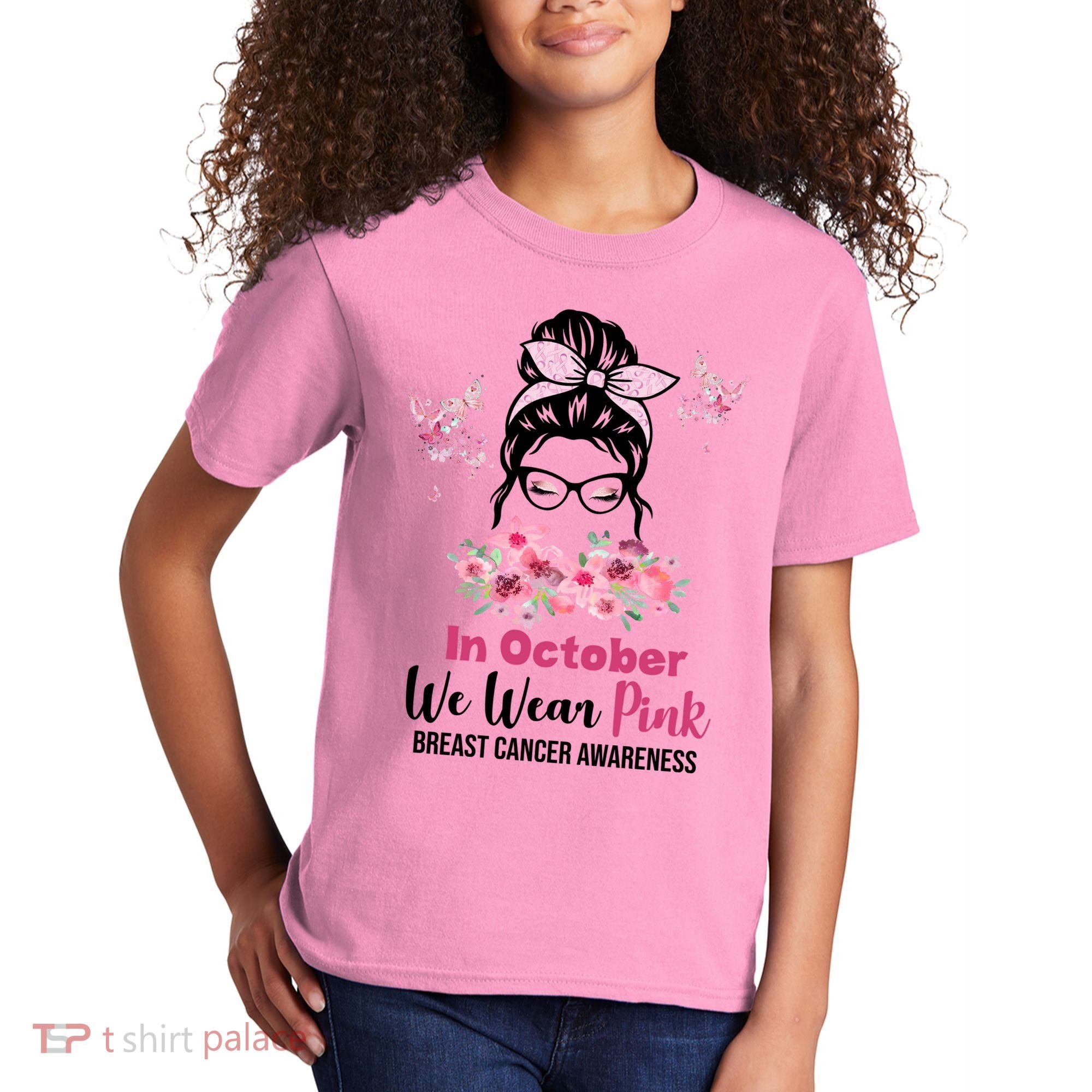 In October We Wear Pink Breast Cancer Messy Bun Floral Kids T-Shirt