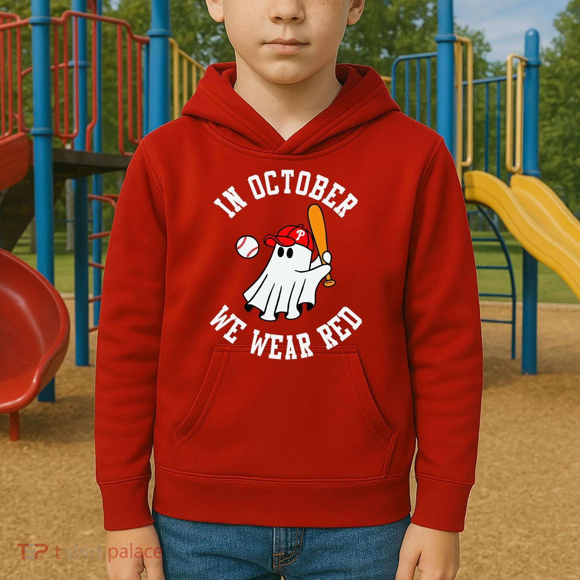 In October We Wear Red October Philadelphia Baseball Kids Hoodie