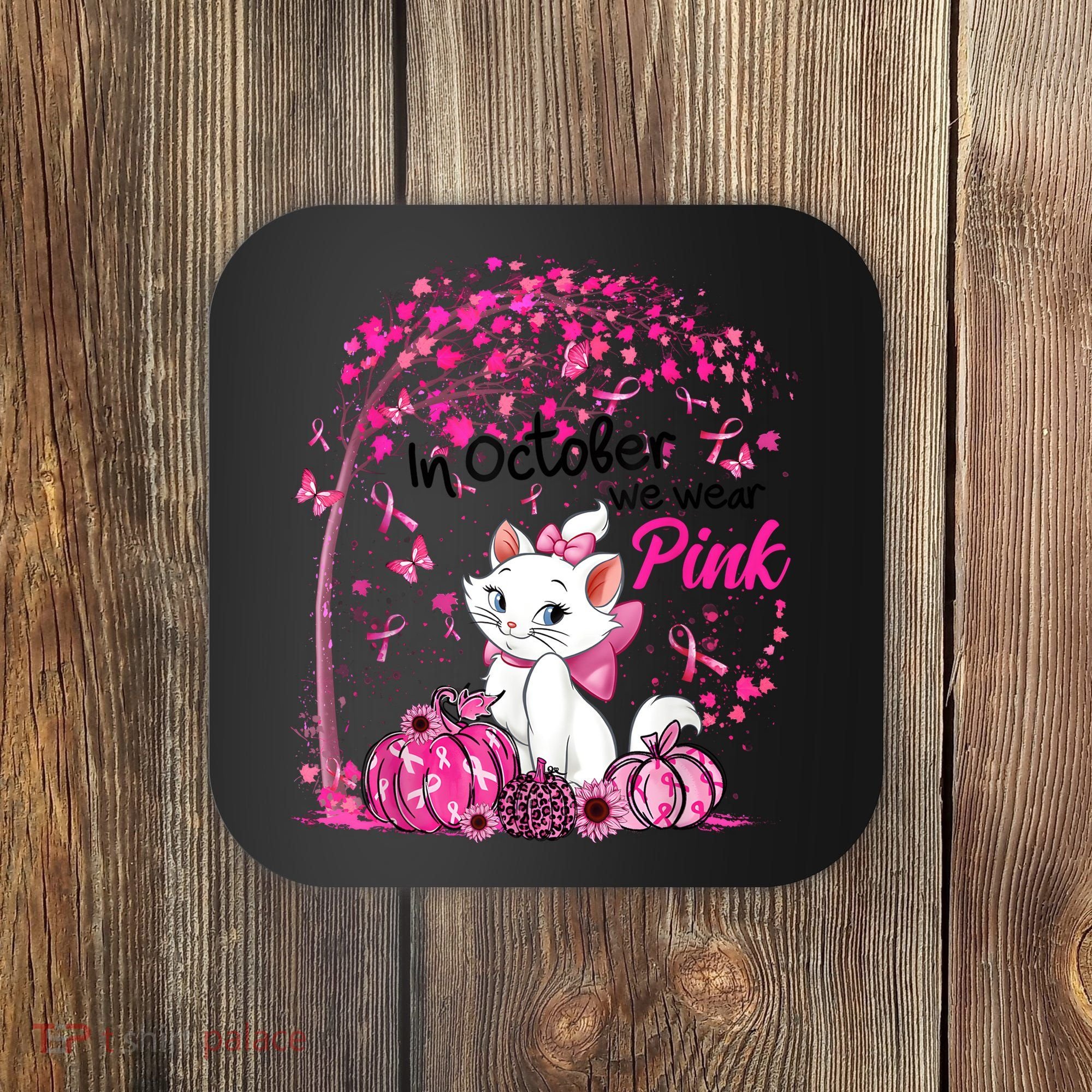 In October We Wear Pink Leopard Cat Breast Cancer Awareness Coaster