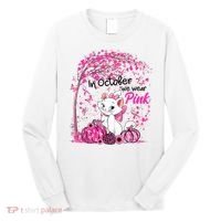 In October We Wear Pink Leopard Cat Breast Cancer Awareness Long Sleeve Shirt thumb 0