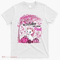 In October We Wear Pink Leopard Cat Breast Cancer Awareness T-Shirt thumb 0