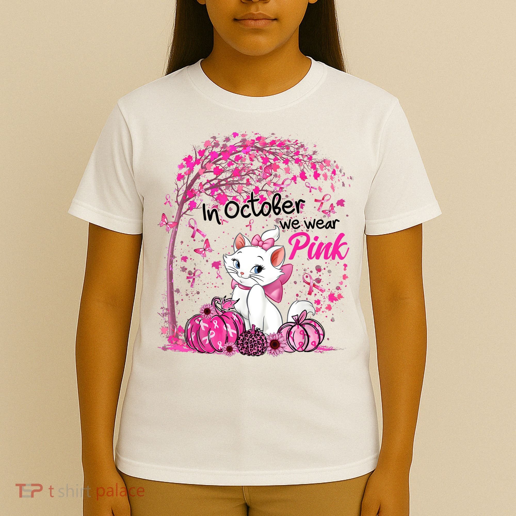 In October We Wear Pink Leopard Cat Breast Cancer Awareness T-Shirt
