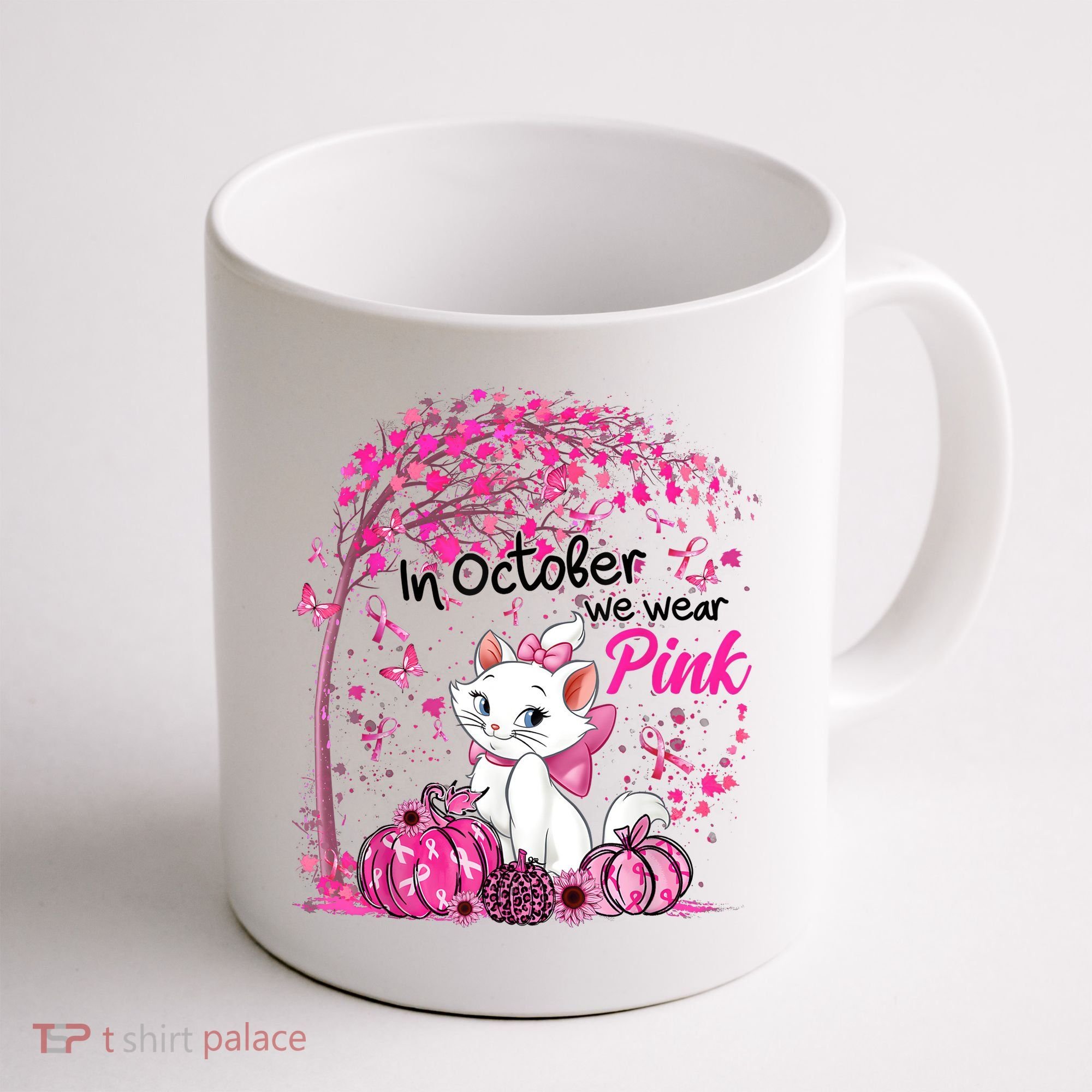In October We Wear Pink Leopard Cat Breast Cancer Awareness Coffee Mug