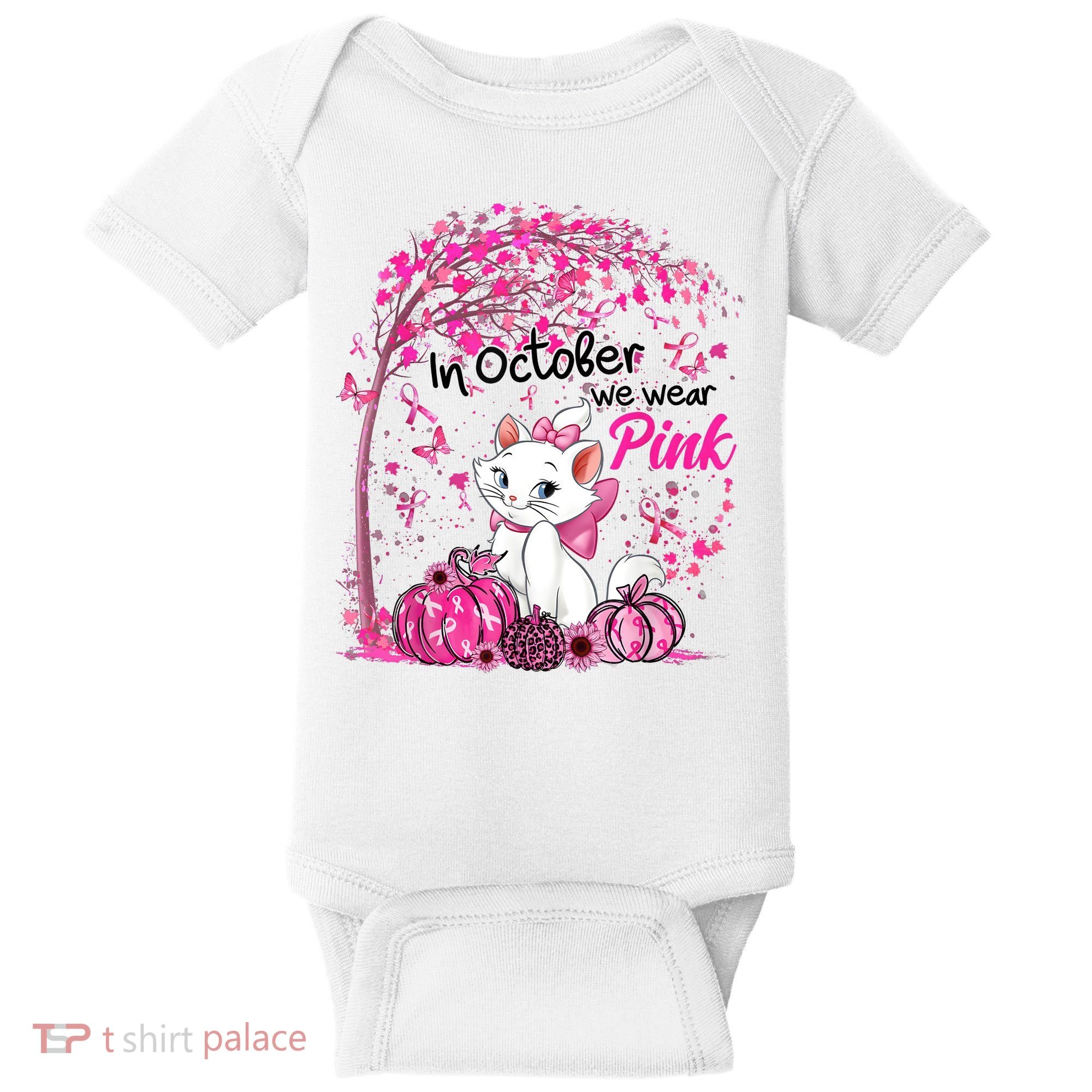 In October We Wear Pink Leopard Cat Breast Cancer Awareness Baby Bodysuit