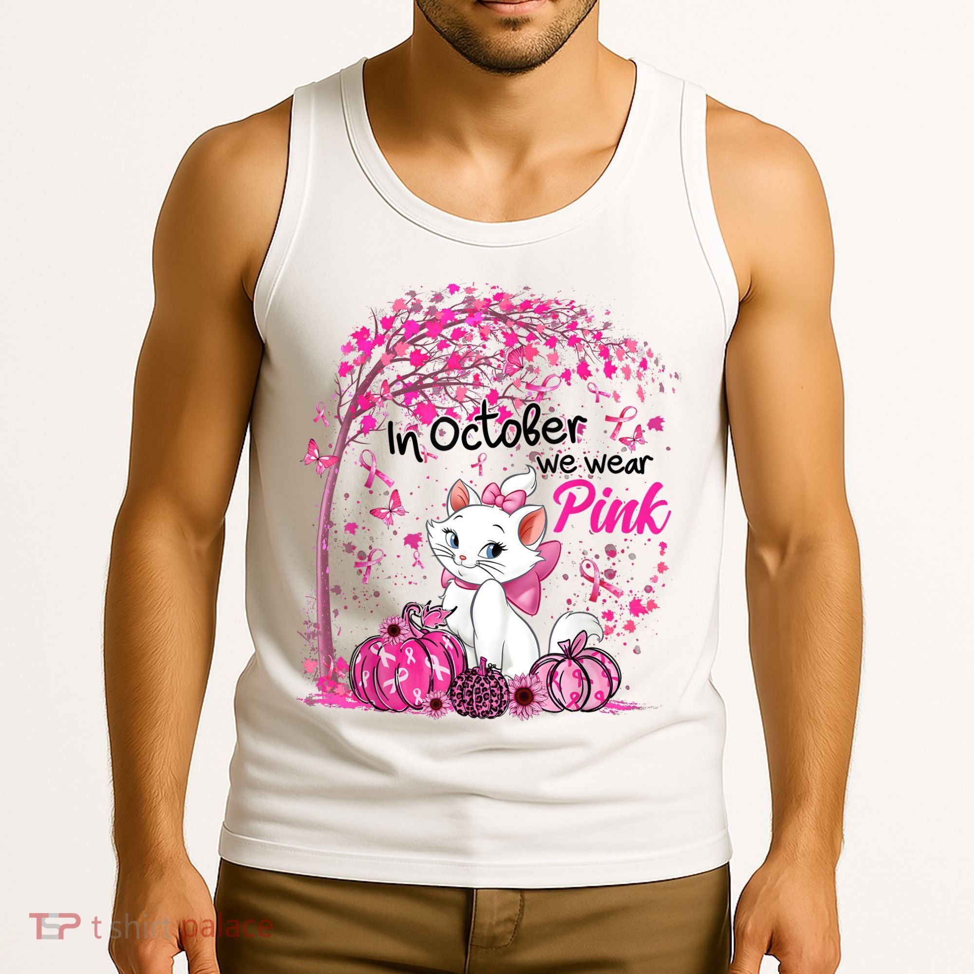 In October We Wear Pink Leopard Cat Breast Cancer Awareness Tank Top