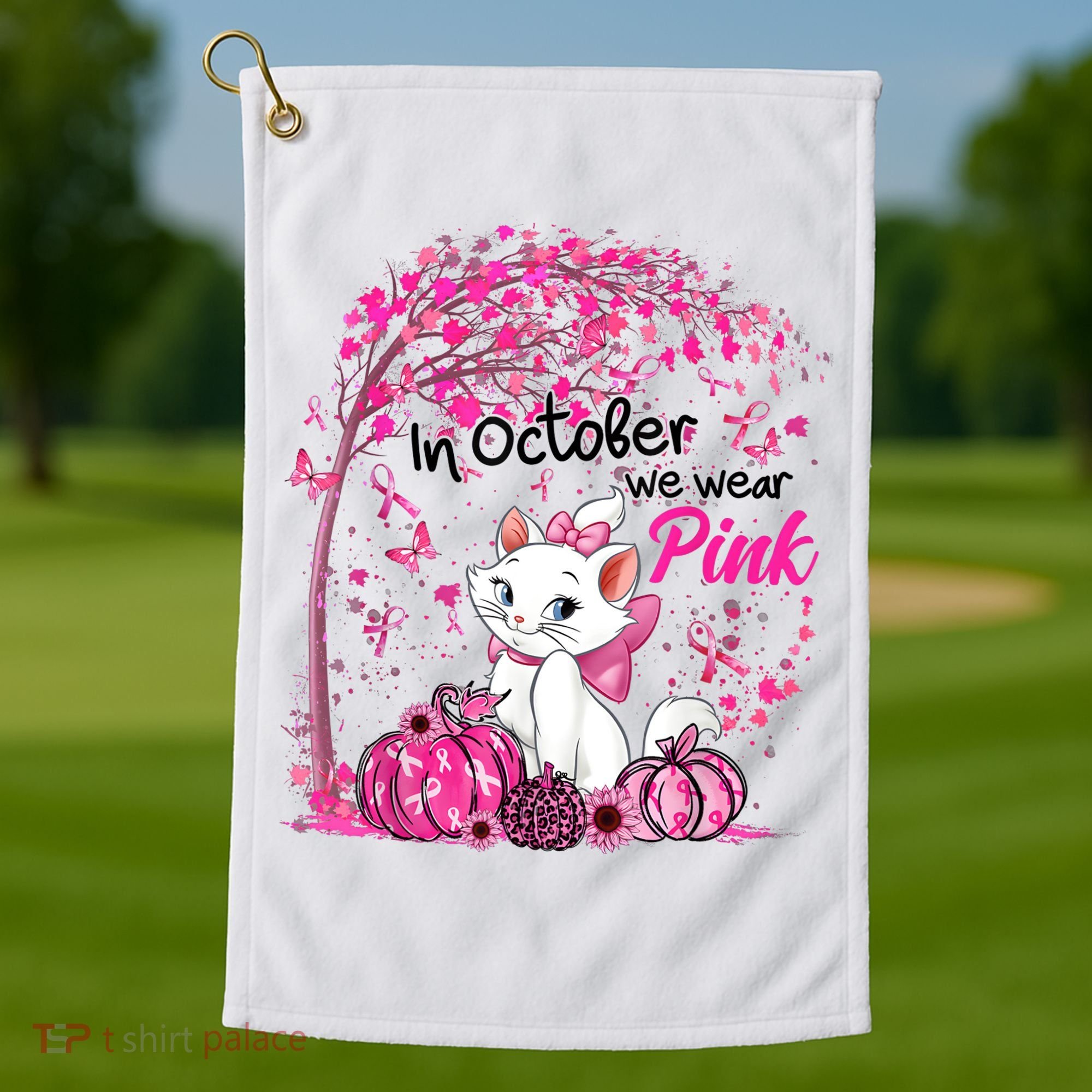 In October We Wear Pink Leopard Cat Breast Cancer Awareness Golf Towel