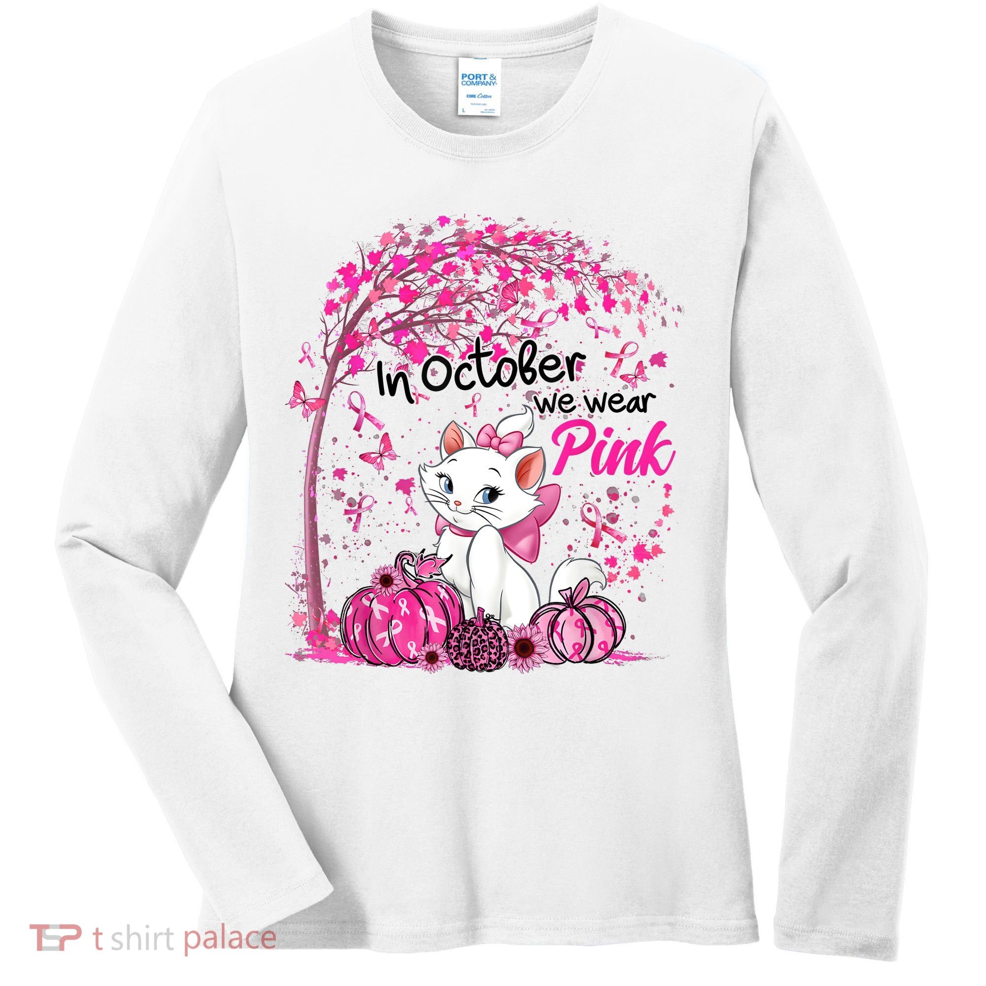 In October We Wear Pink Leopard Cat Breast Cancer Awareness Women's Long Sleeve Shirt