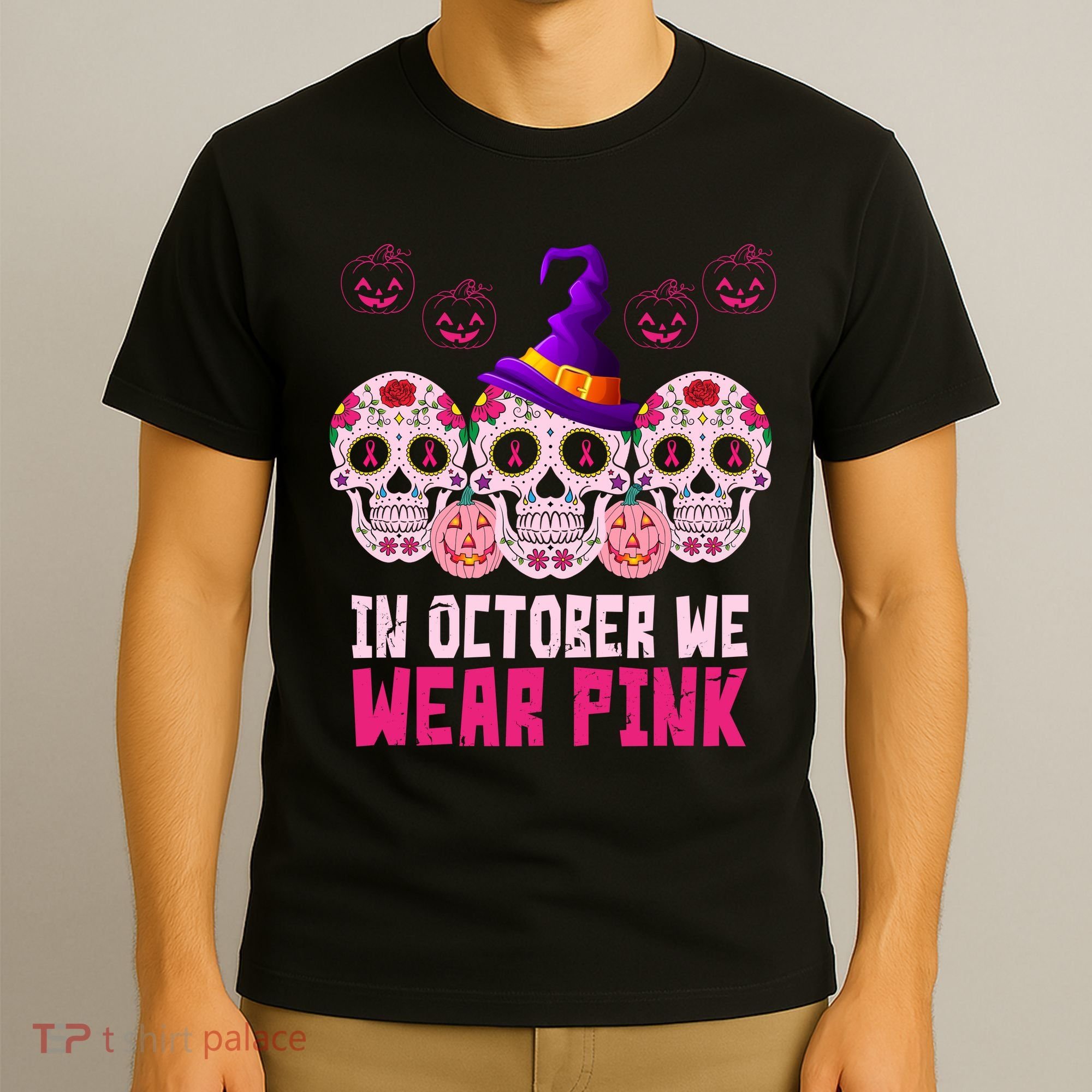 In October We Wear Pink Day Of The Dead Skulls T-Shirt