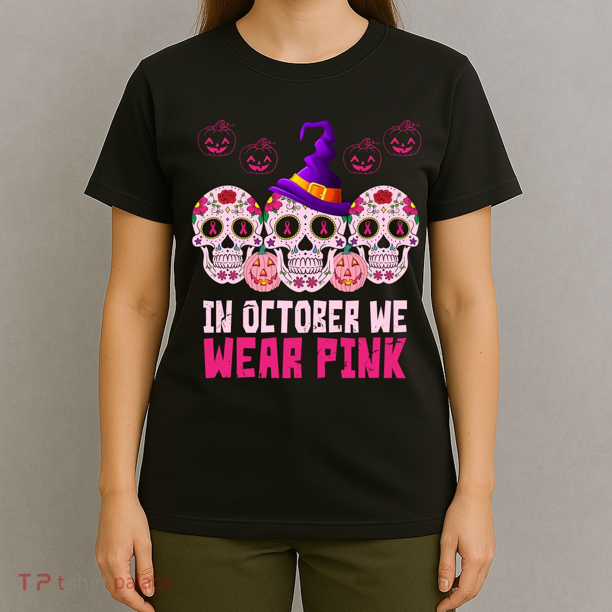 In October We Wear Pink Day Of The Dead Skulls T-Shirt