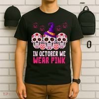 In October We Wear Pink Day Of The Dead Skulls T-Shirt thumb 6