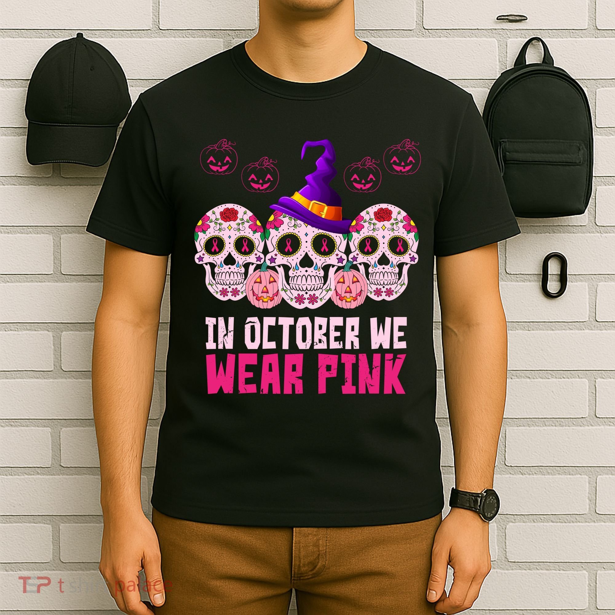 In October We Wear Pink Day Of The Dead Skulls T-Shirt