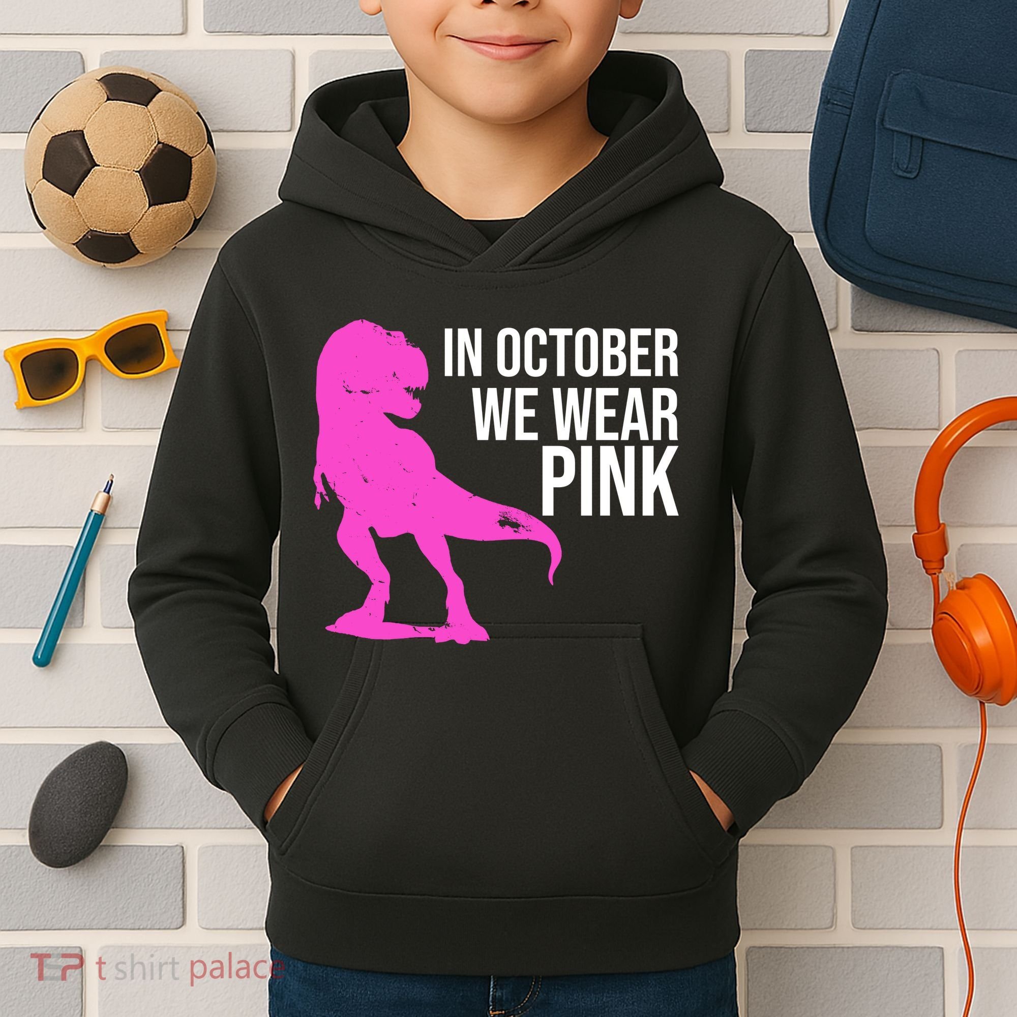 In October We Wear Pink Dinosaur T Rex Kids Hoodie