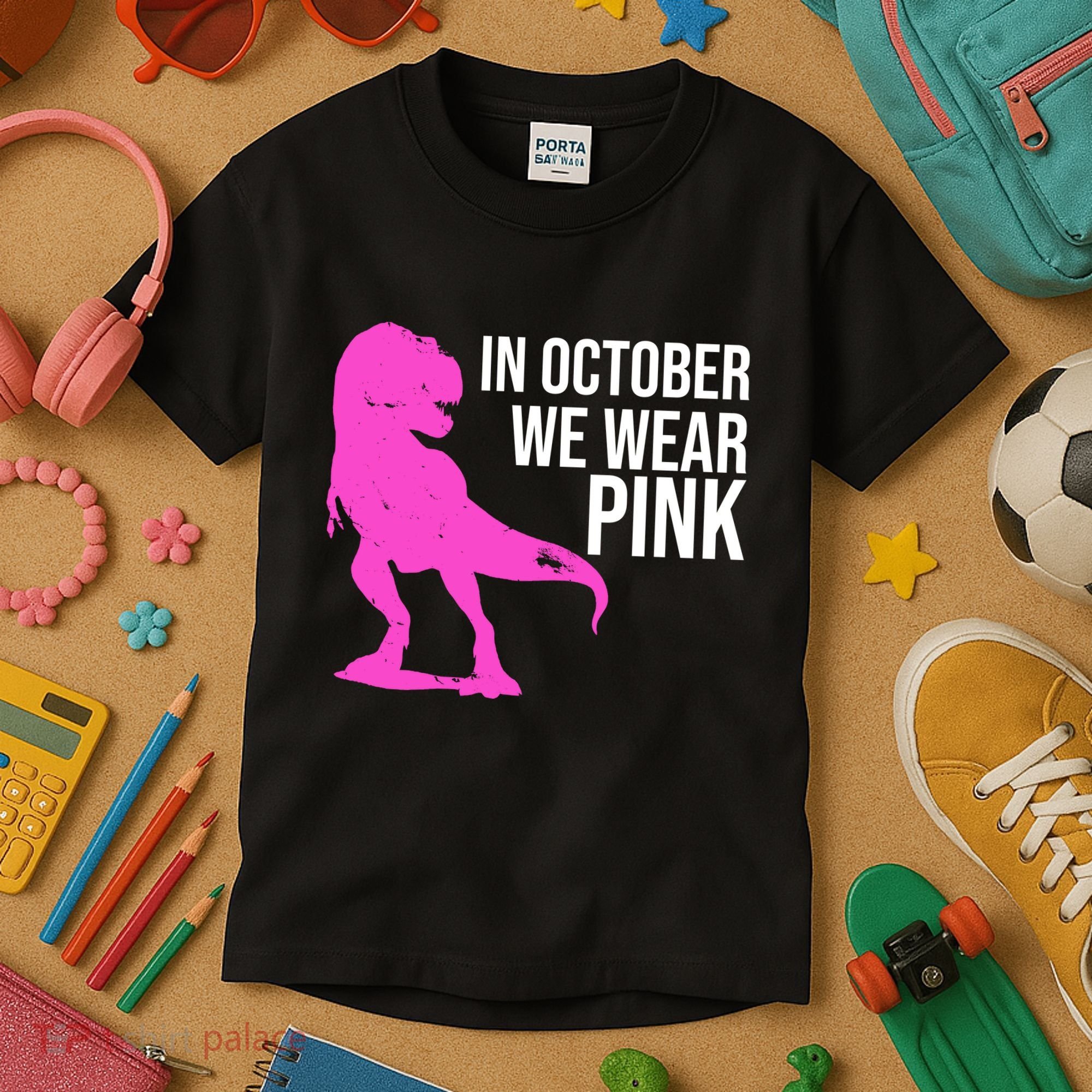 In October We Wear Pink Dinosaur T Rex Kids T-Shirt
