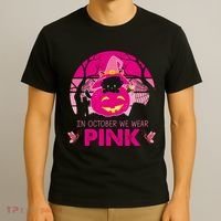 In October We Wear Pink Dinosaur Cat Witch T-Shirt thumb 3