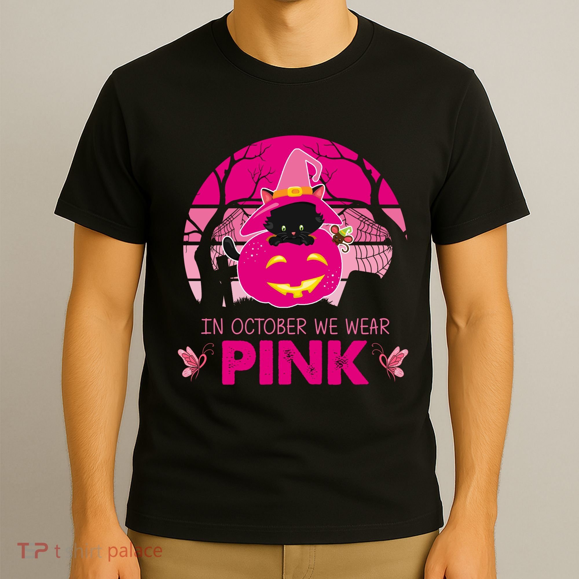 In October We Wear Pink Dinosaur Cat Witch T-Shirt