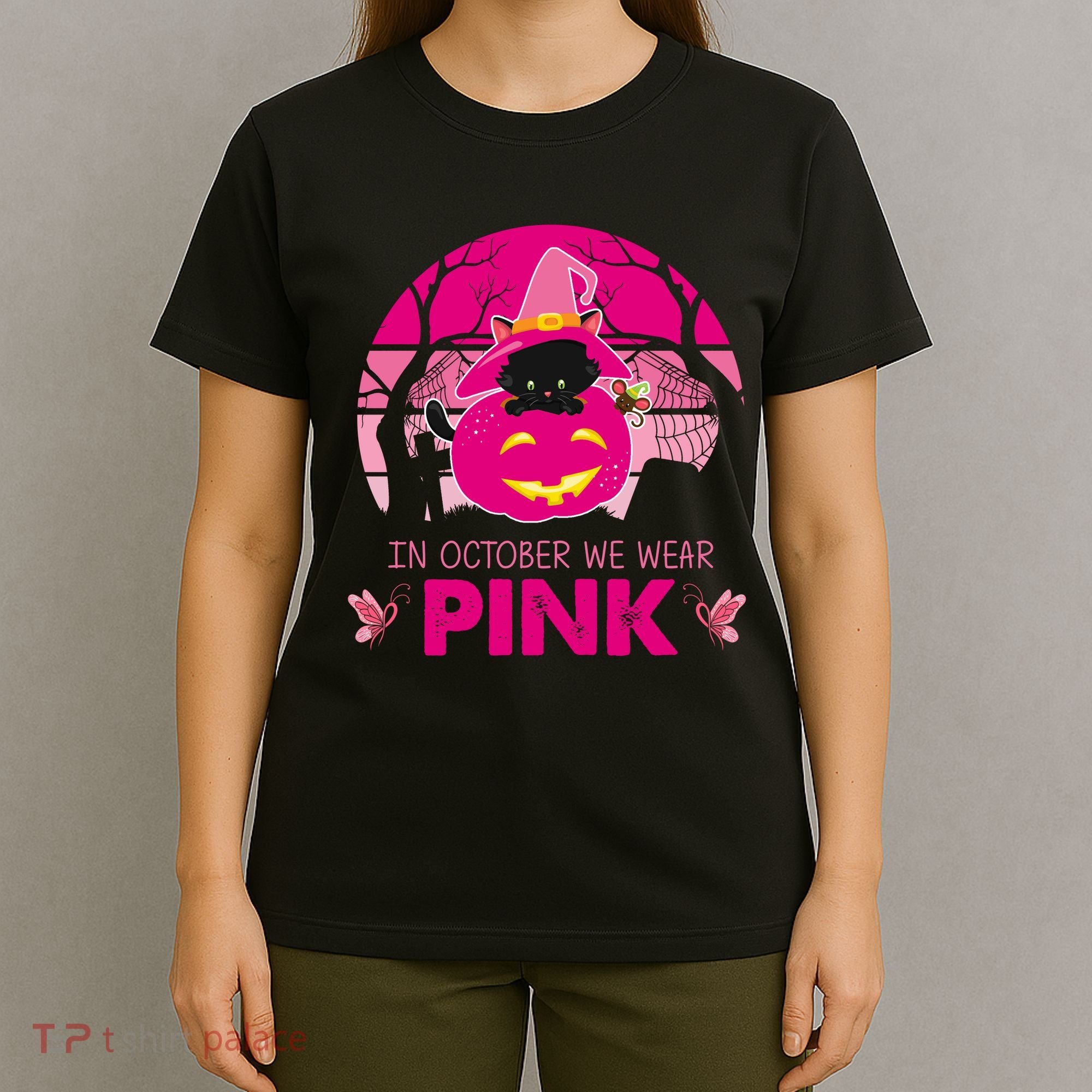 In October We Wear Pink Dinosaur Cat Witch T-Shirt