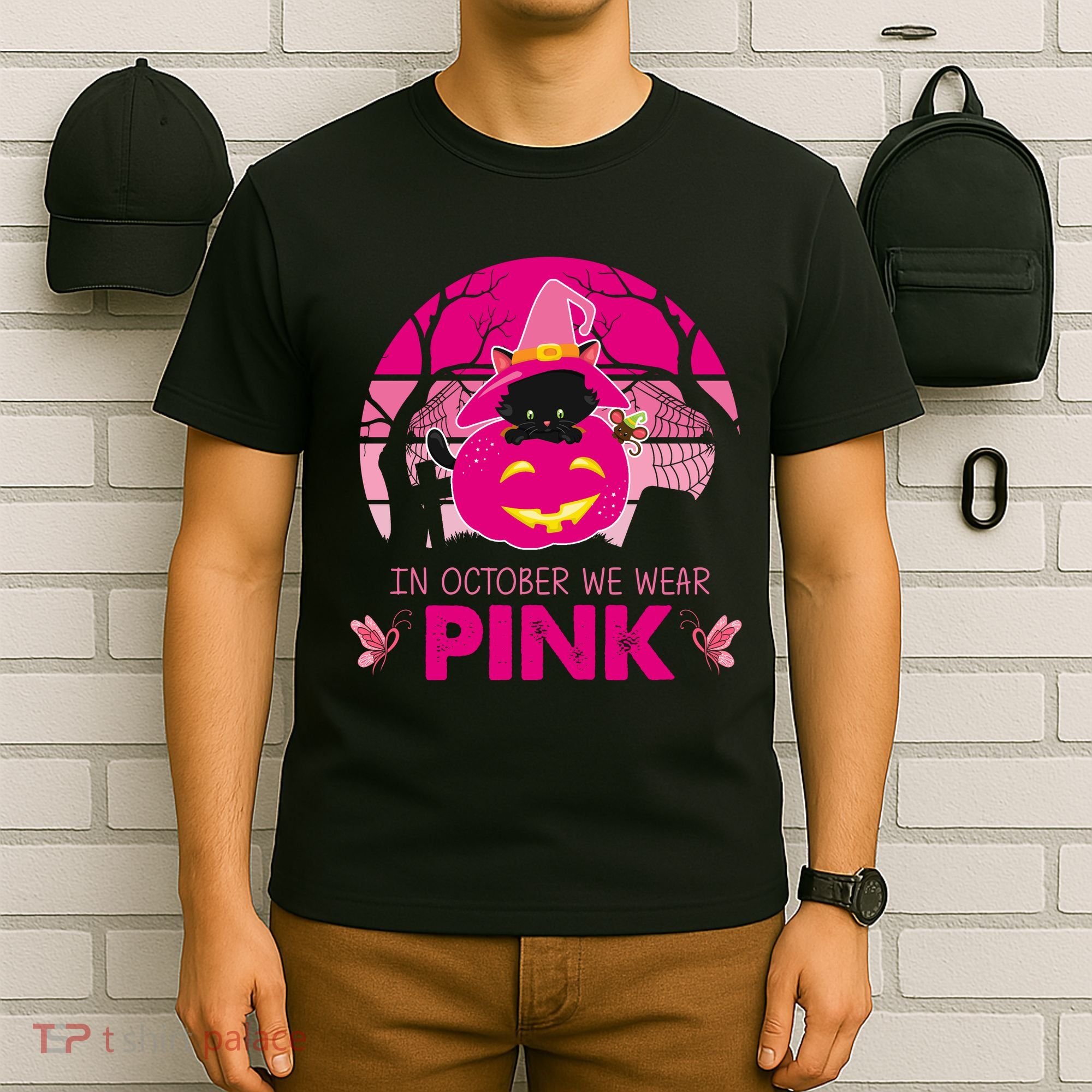 In October We Wear Pink Dinosaur Cat Witch T-Shirt