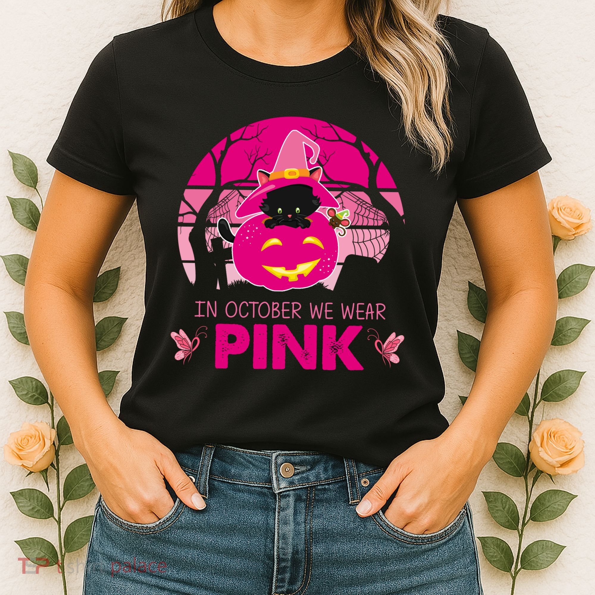 In October We Wear Pink Dinosaur Cat Witch Women's T-Shirt