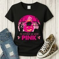 In October We Wear Pink Dinosaur Cat Witch Women's T-Shirt thumb 3