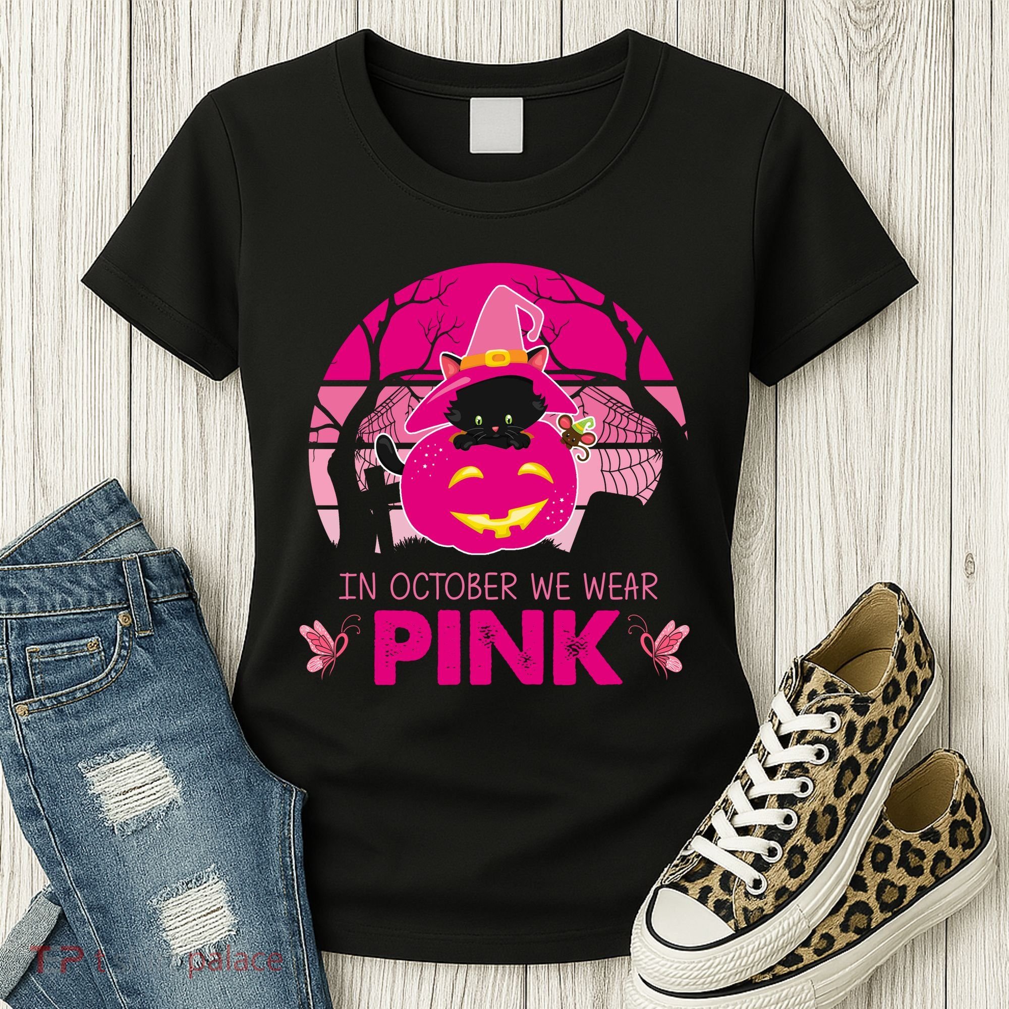 In October We Wear Pink Dinosaur Cat Witch Women's T-Shirt