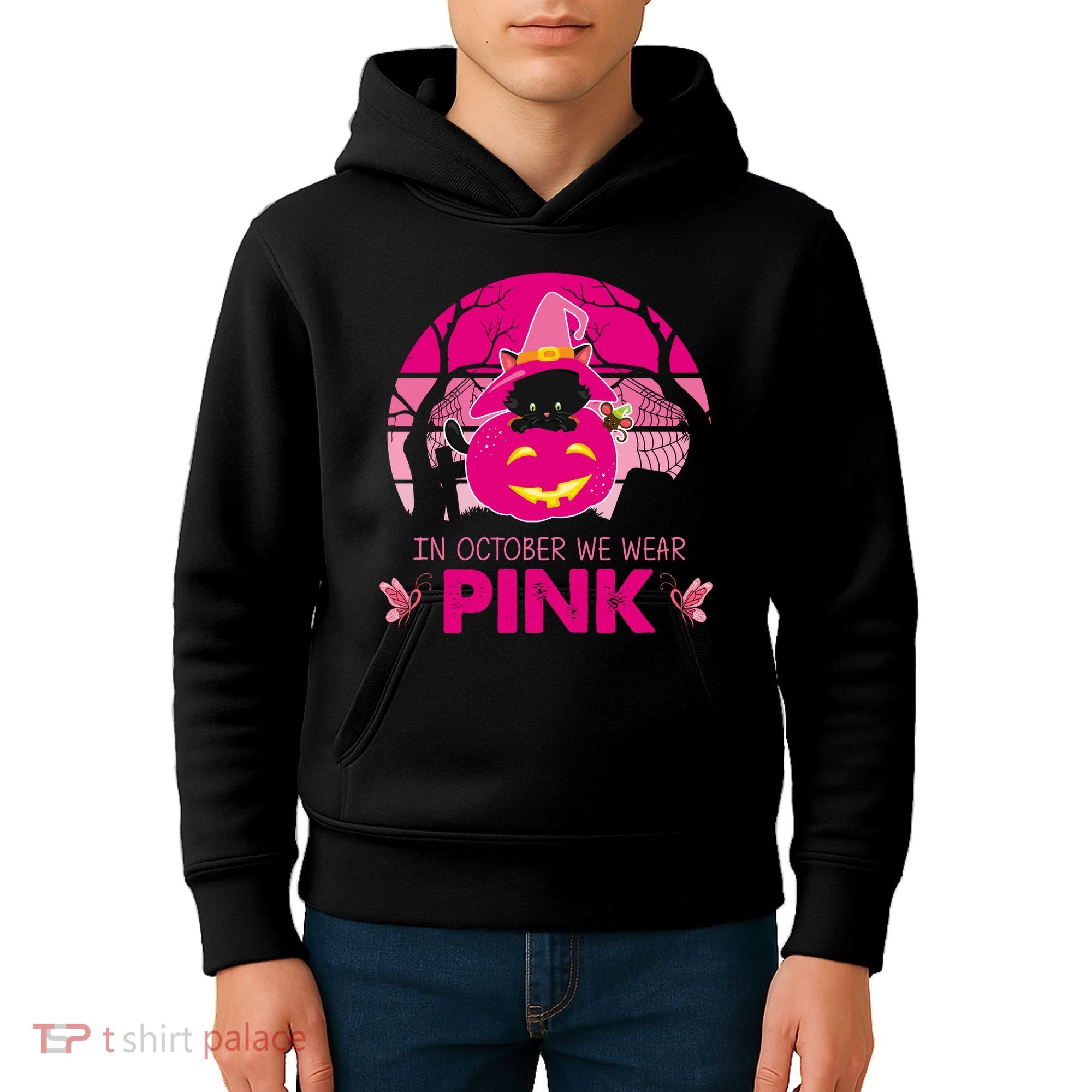 In October We Wear Pink Dinosaur Cat Witch Kids Hoodie