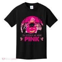In October We Wear Pink Dinosaur Cat Witch Kids T-Shirt thumb 0