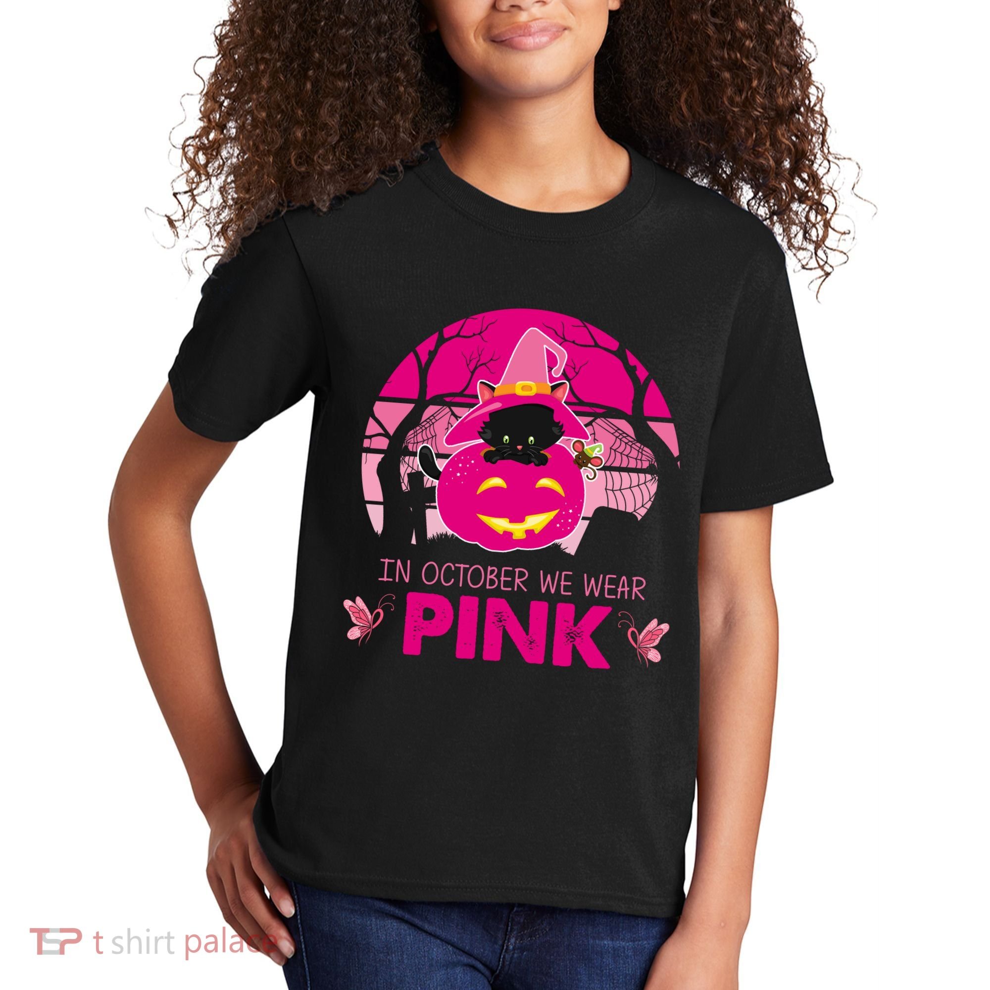 In October We Wear Pink Dinosaur Cat Witch Kids T-Shirt