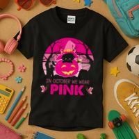 In October We Wear Pink Dinosaur Cat Witch Kids T-Shirt thumb 3