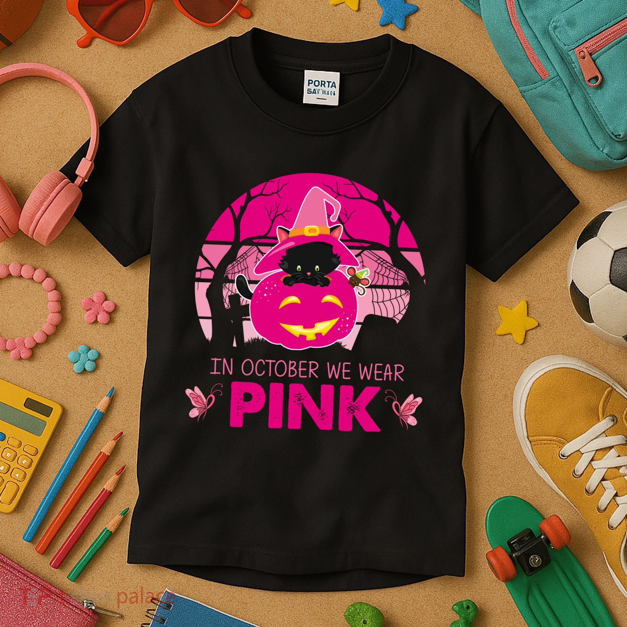In October We Wear Pink Dinosaur Cat Witch Kids T-Shirt
