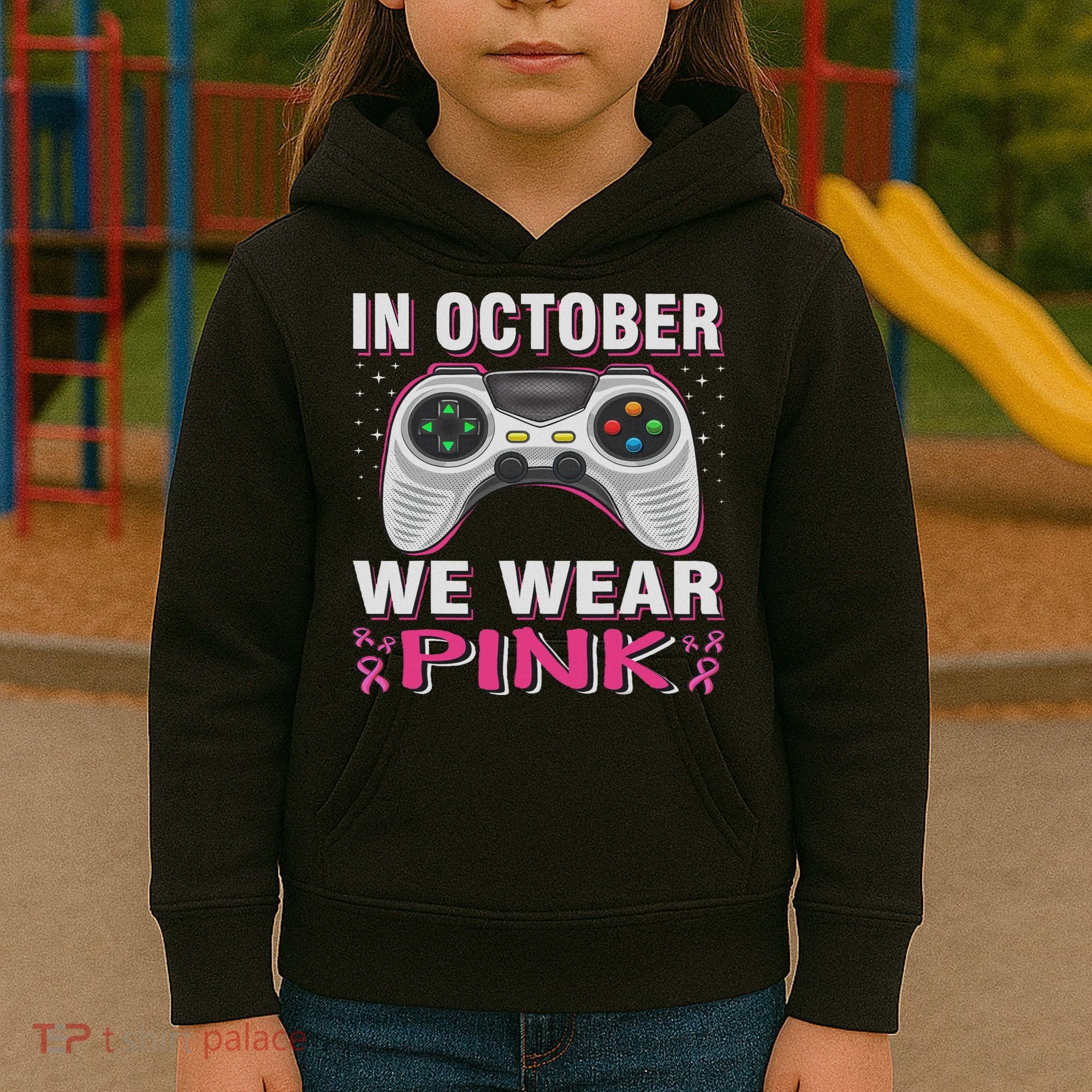 In October We Wear Breast Cancer Gaming Kids Hoodie