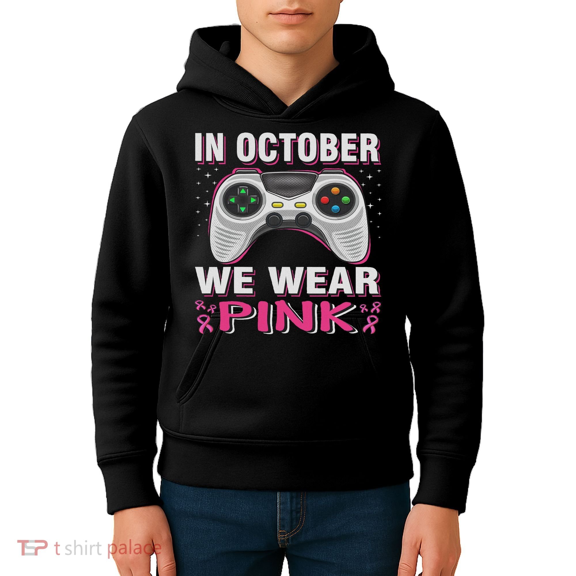 In October We Wear Breast Cancer Gaming Kids Hoodie