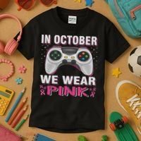 In October We Wear Breast Cancer Gaming Kids T-Shirt thumb 3