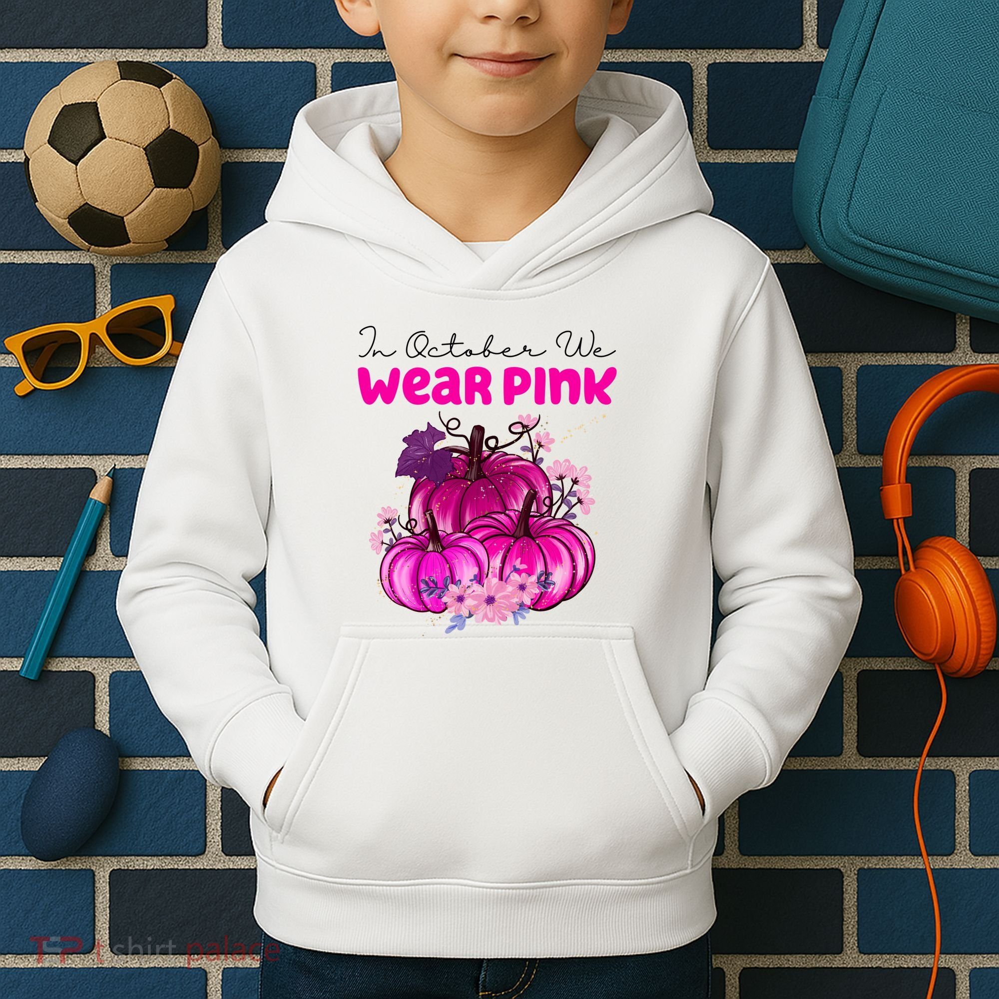 In October We Wear Pink Pumpkin Fall Kids Hoodie