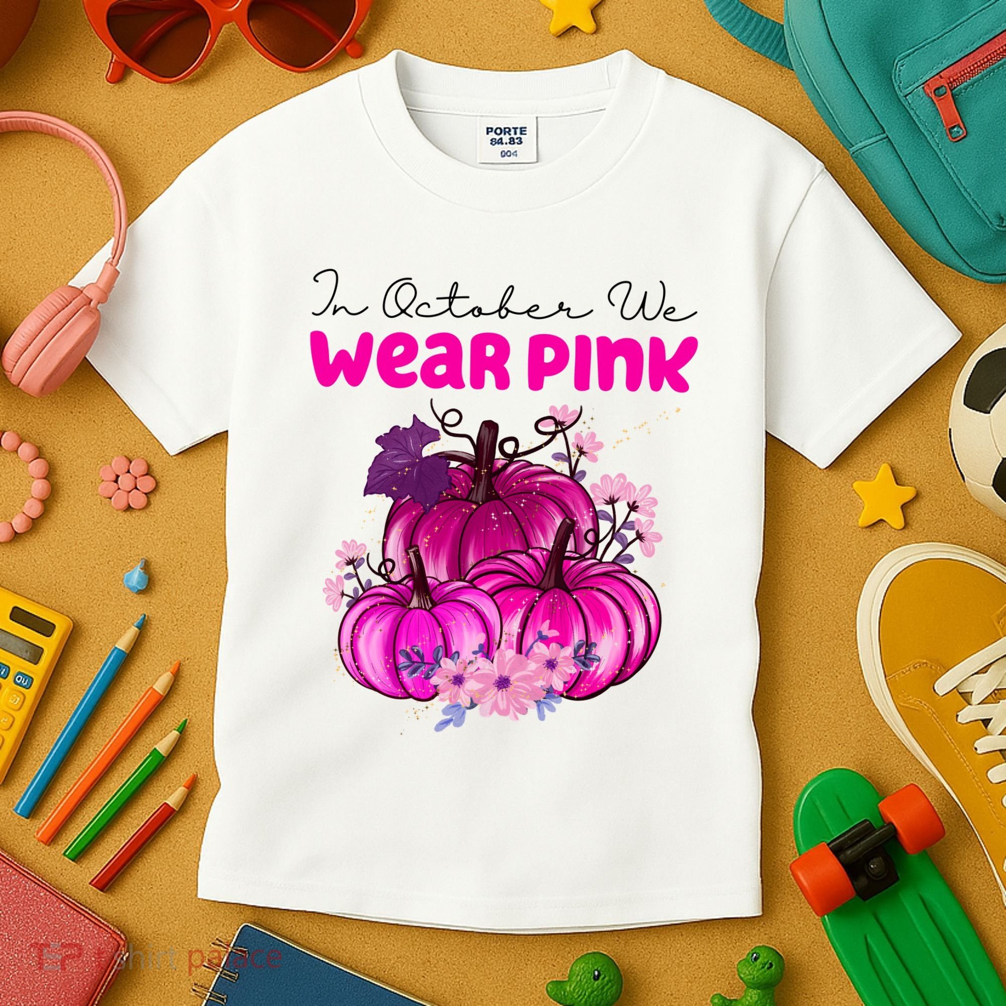 In October We Wear Pink Pumpkin Fall Kids T-Shirt