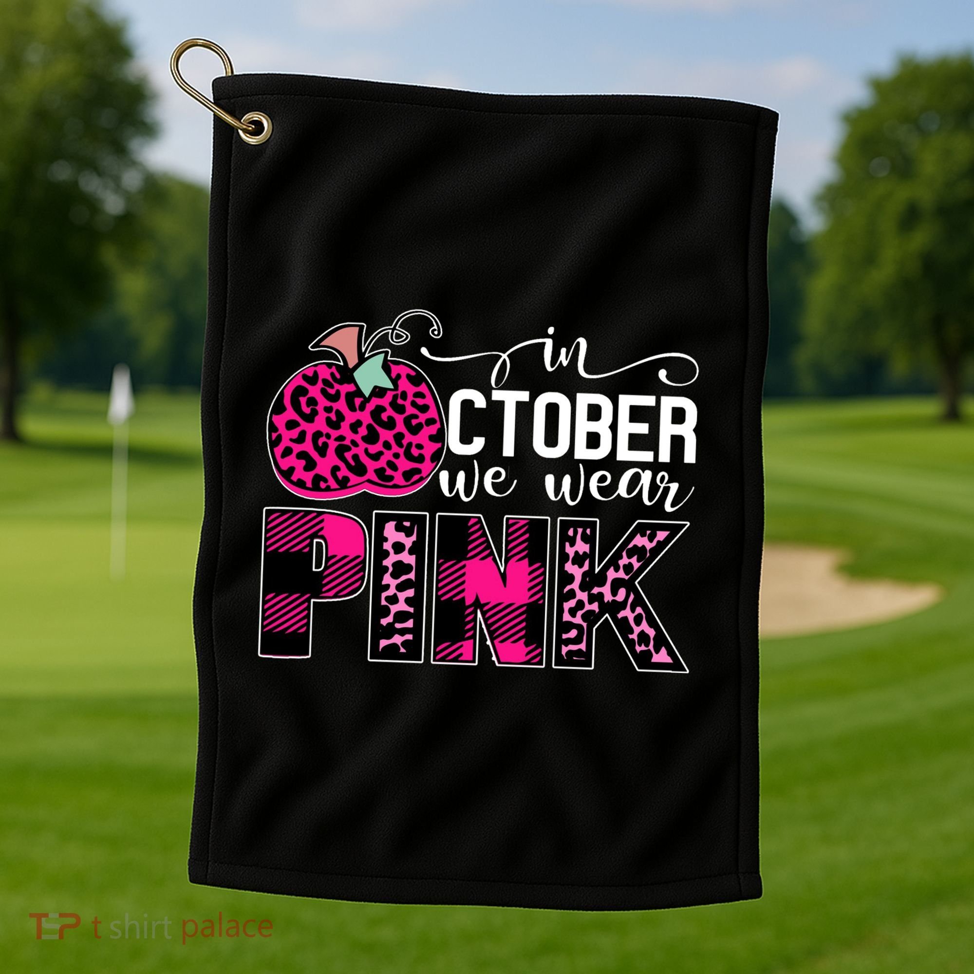 In October We Wear Pink Breast Cancer Pumpkin Golf Towel