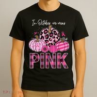 In October We Wear Pink Ribbon Leopard Pumpkin Breast Cancer T-Shirt thumb 3